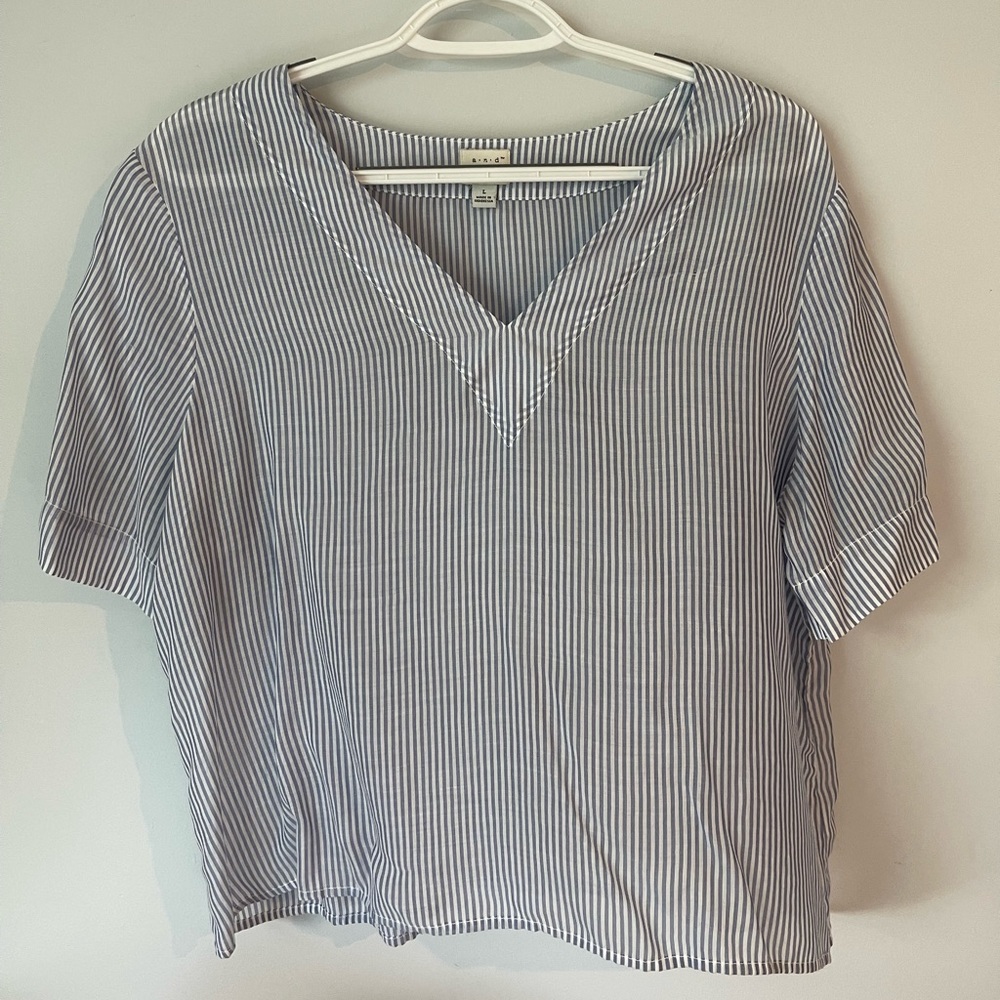 A New Day Blue/White Striped Blouse Semi Sheer, Size Large
